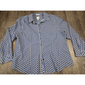 Chico's Royal Blue Black White Button 3/4 Sleeve Blouse Shirt Size 3 - XL 16/18
